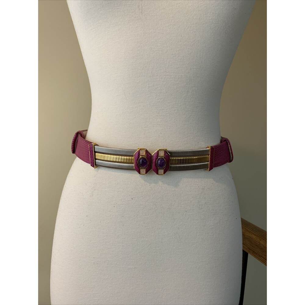 Judith Leiber Expandable Snakeskin Belt Magenta Stones Gold/Silver 1 1/8” Wide